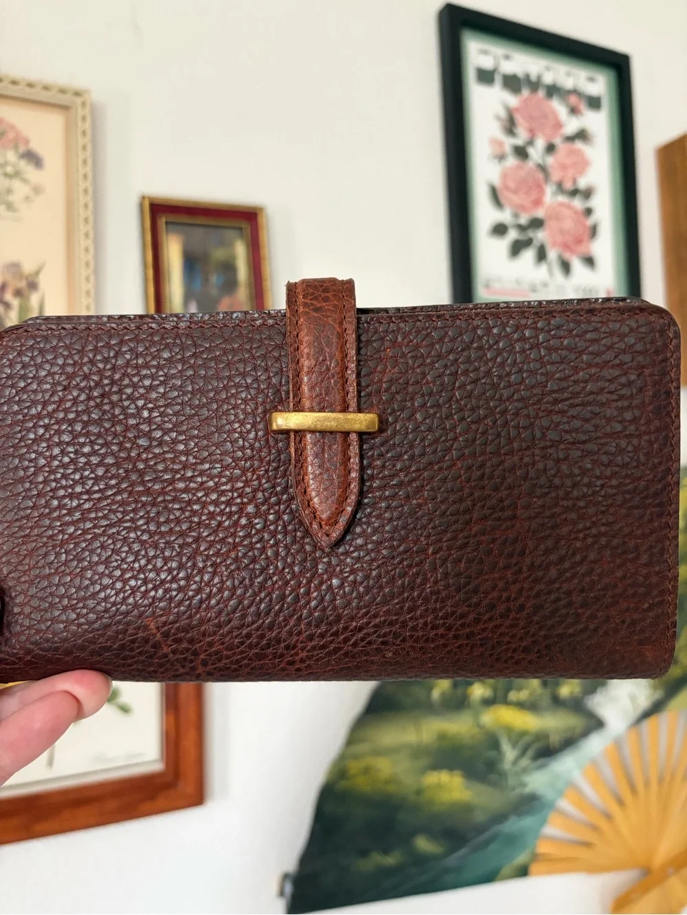 Vintage Handmade Dark Brown Pebbled Leather Long Bifold Wallet with Brass Accent